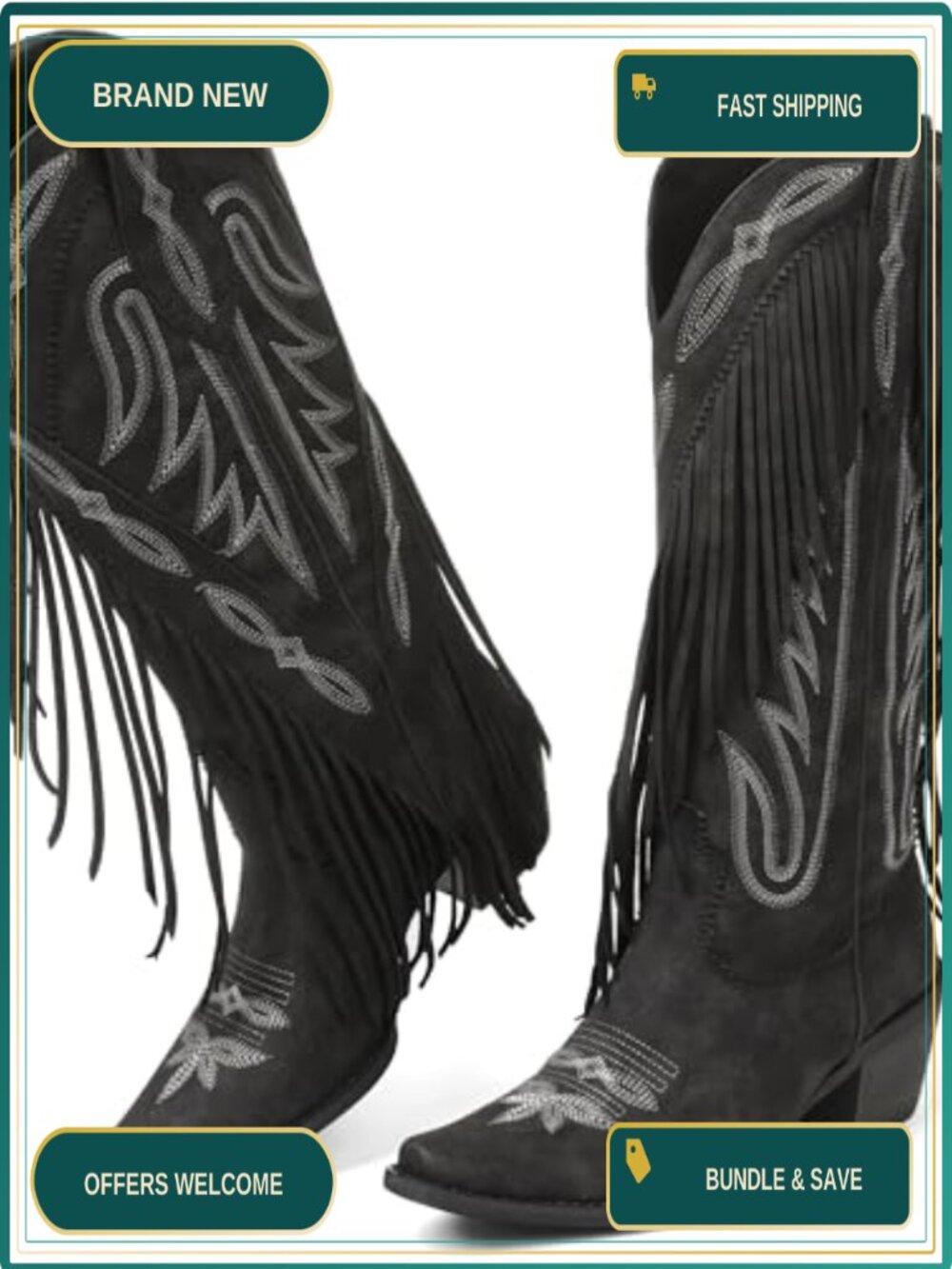 Women's Retro Cowgirl Boots, Suede Fringe Mid-Calf Block Heel, Pull-On
